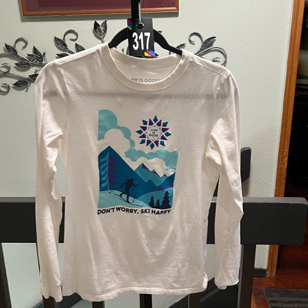 EUC Life is Good Small White Long Sleeve Shirt Ski 🎿 Happy #317